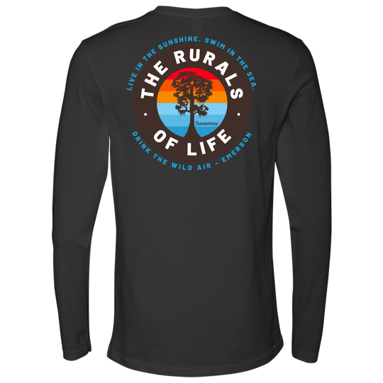 Dark Grey Mens Long Sleeve Tshirt - Rurals of Life Tee with Cypress Tree and Ralph Waldo Emerson Quote by Suwannee Brand Sportswear Apparel