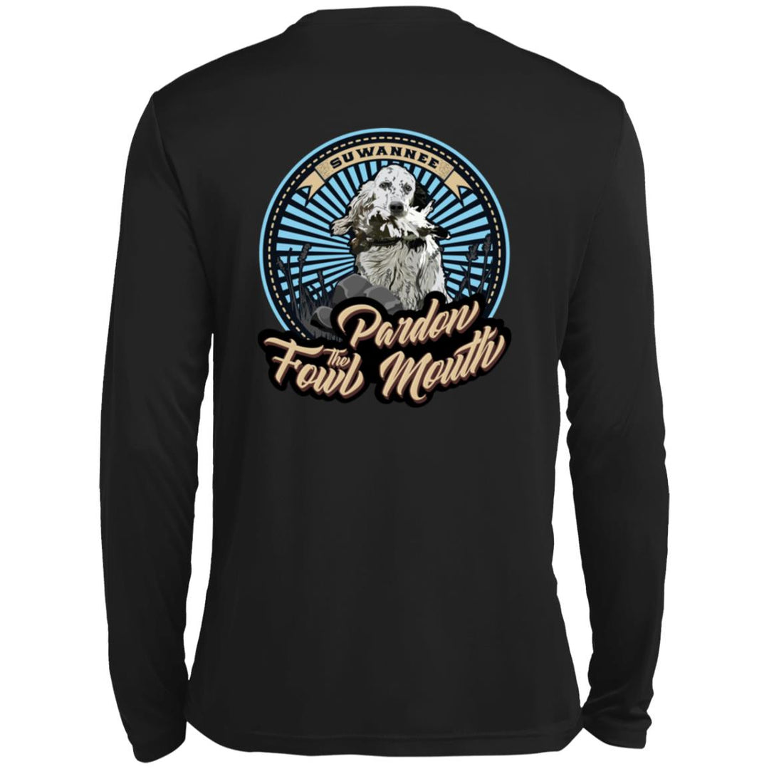 Mens long sleeve black performance tee with design of a Llewellin Setter Bird Dog with bird in mouth by Suwannee Brand Apparel