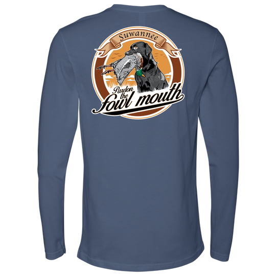 Black labrador with duck in mouth image on indigo color tshirt with slogan Pardon the Fowl Mouth by Suwannee Brand Apparel