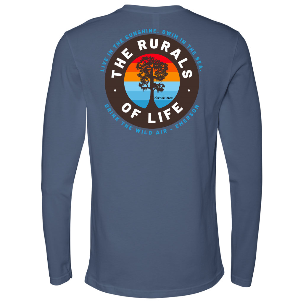 Indigo Mens Long Sleeve Tshirt - Rurals of Life Tee with Cypress Tree and Ralph Waldo Emerson Quote by Suwannee Brand Sportswear Apparel