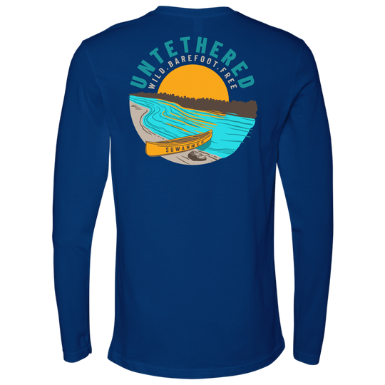 Royal Mens Long Sleeve Tshirt - River and Canoe Image Logo on Back with slogan "Untethered" & "Wild. Barefoot. Free" by Suwannee Brand Sportswear Apparel