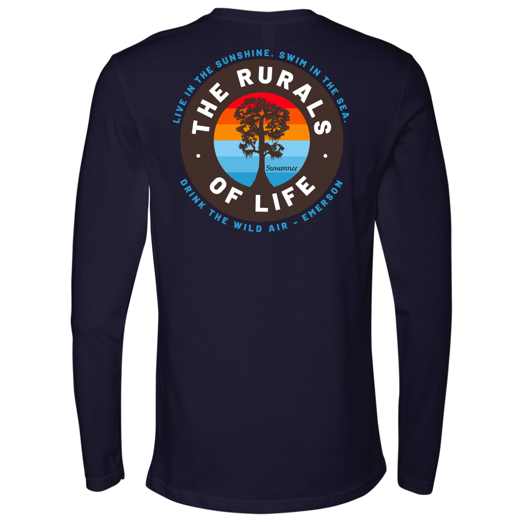 Navy Mens Long Sleeve Tshirt - Rurals of Life Tee with Cypress Tree and Ralph Waldo Emerson Quote by Suwannee Brand Sportswear Apparel