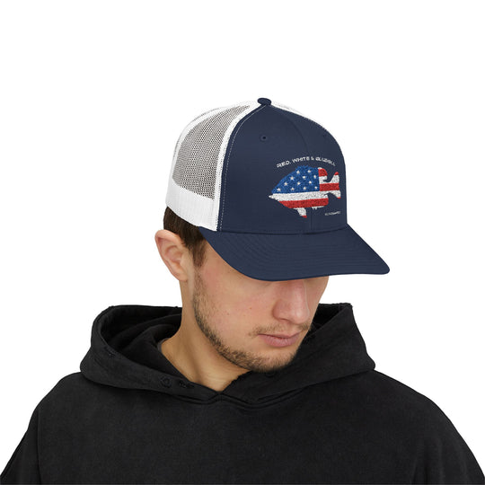 Red White & Bluetick :: Patriotic Snapback Trucker Cap :: American Flag Cap :: Fishing Enthusiast Hat :: Independence Day Apparel