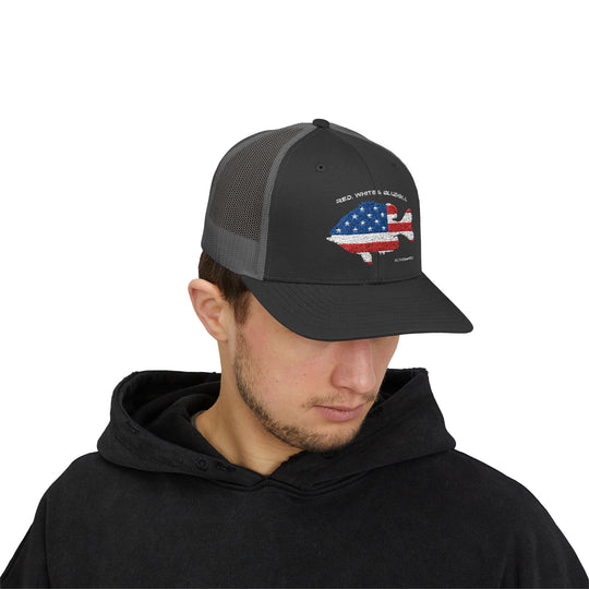 Red White & Bluetick :: Patriotic Snapback Trucker Cap :: American Flag Cap :: Fishing Enthusiast Hat :: Independence Day Apparel