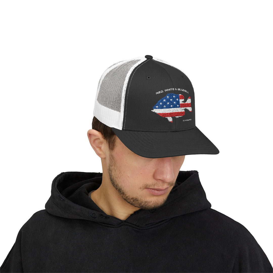 Red White & Bluetick :: Patriotic Snapback Trucker Cap :: American Flag Cap :: Fishing Enthusiast Hat :: Independence Day Apparel