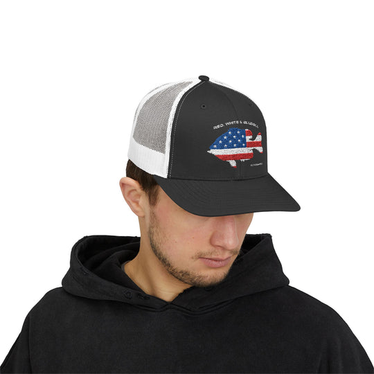 Red White & Bluetick :: Patriotic Snapback Trucker Cap :: American Flag Cap :: Fishing Enthusiast Hat :: Independence Day Apparel