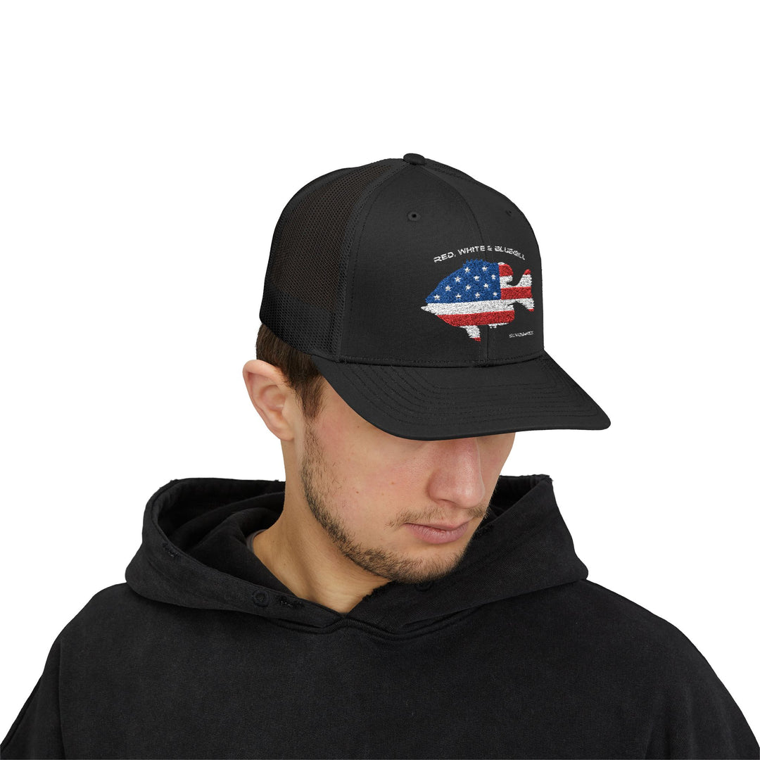Red White & Bluetick :: Patriotic Snapback Trucker Cap :: American Flag Cap :: Fishing Enthusiast Hat :: Independence Day Apparel