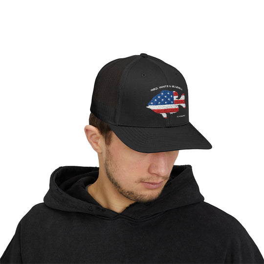 Red White & Bluetick :: Patriotic Snapback Trucker Cap :: American Flag Cap :: Fishing Enthusiast Hat :: Independence Day Apparel