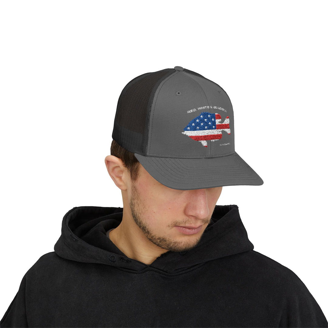 Red White & Bluetick :: Patriotic Snapback Trucker Cap :: American Flag Cap :: Fishing Enthusiast Hat :: Independence Day Apparel