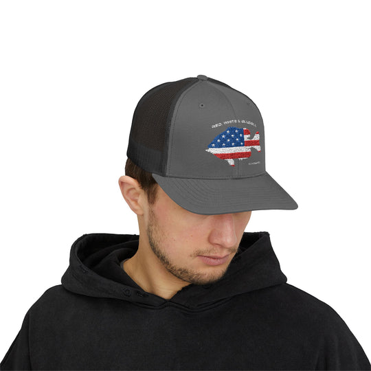 Red White & Bluetick :: Patriotic Snapback Trucker Cap :: American Flag Cap :: Fishing Enthusiast Hat :: Independence Day Apparel