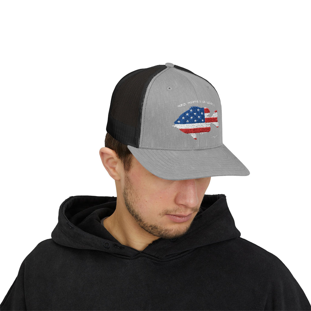 Red White & Bluetick :: Patriotic Snapback Trucker Cap :: American Flag Cap :: Fishing Enthusiast Hat :: Independence Day Apparel