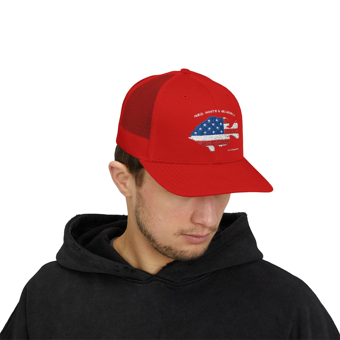 Red White & Bluetick :: Patriotic Snapback Trucker Cap :: American Flag Cap :: Fishing Enthusiast Hat :: Independence Day Apparel