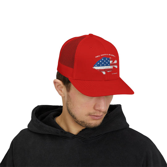 Red White & Bluetick :: Patriotic Snapback Trucker Cap :: American Flag Cap :: Fishing Enthusiast Hat :: Independence Day Apparel