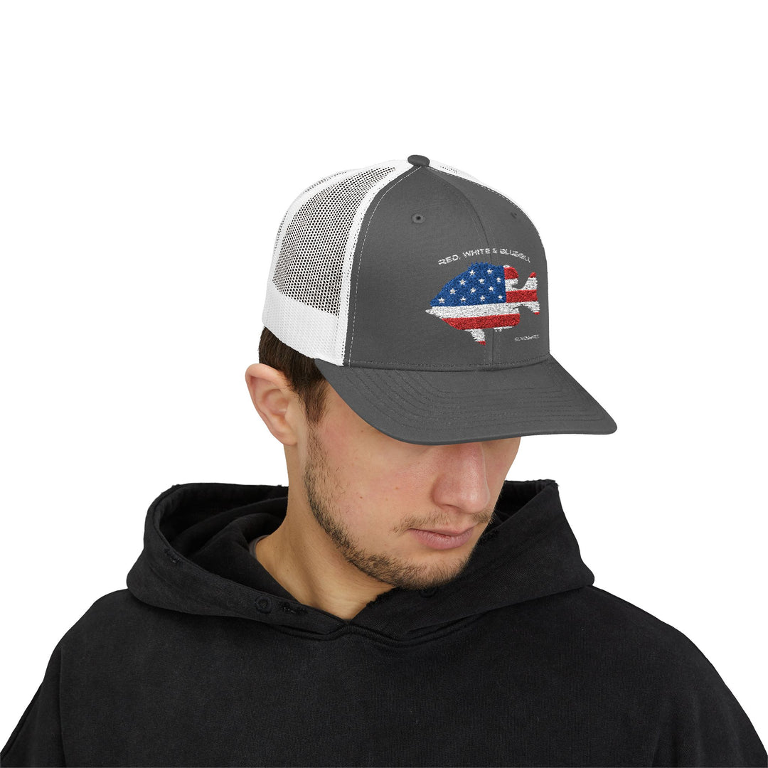 Red White & Bluetick :: Patriotic Snapback Trucker Cap :: American Flag Cap :: Fishing Enthusiast Hat :: Independence Day Apparel