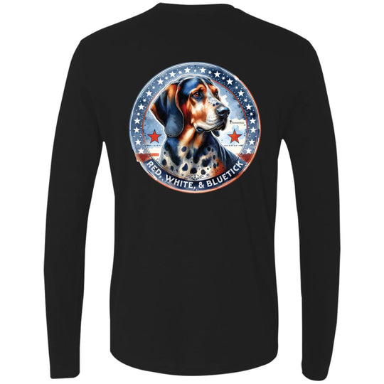 Logo of a bluetick hound colored in red white and blue like the US flag. Stars circle the desian with the slogan Red, White and Bluetick along with the suwannee brand logo.