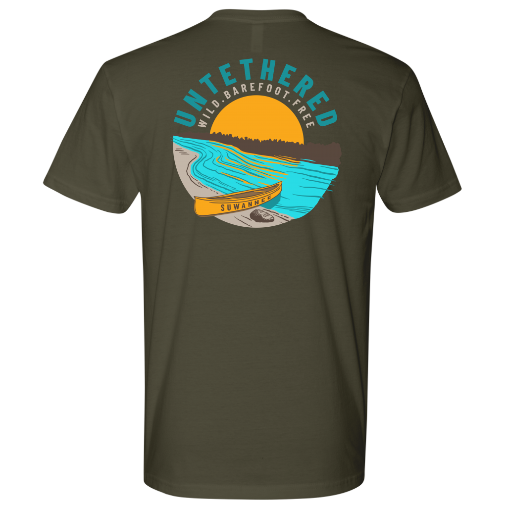 Military Green Mens Short Sleeve Tshirt - River and Canoe Image Logo on Back with slogan "Untethered" & "Wild. Barefoot. Free" by Suwannee Brand Sportswear Apparel