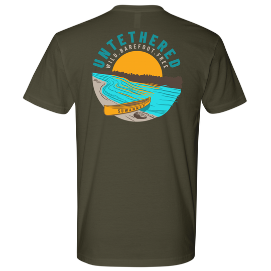 Military Green Mens Short Sleeve Tshirt - River and Canoe Image Logo on Back with slogan "Untethered" & "Wild. Barefoot. Free" by Suwannee Brand Sportswear Apparel