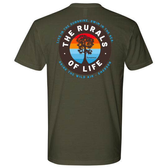 Military Green Mens Short Sleeve Tshirt - Rurals of Life Tee with Cypress Tree and Ralph Waldo Emerson Quote by Suwannee Brand Sportswear Apparel