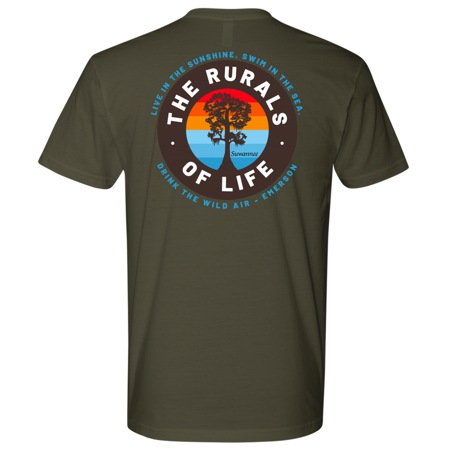 Military Green Mens Short Sleeve Tshirt - Rurals of Life Tee with Cypress Tree and Ralph Waldo Emerson Quote by Suwannee Brand Sportswear Apparel