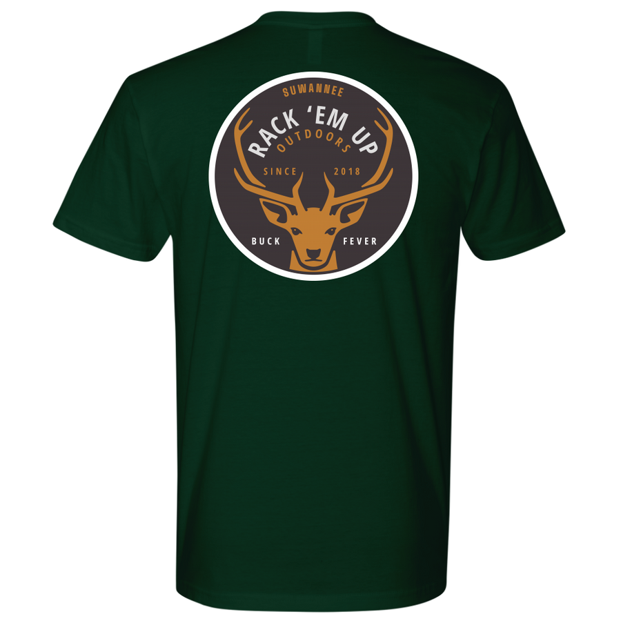 Forest Green Mens Short Sleeve Tshirt -  Rack 'Em Up Deer Design by Suwannee Brand Sportswear Apparel