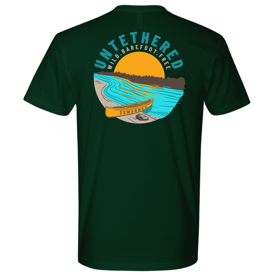 Forest Green Mens Short Sleeve Tshirt - River and Canoe Image Logo on Back with slogan "Untethered" & "Wild. Barefoot. Free" by Suwannee Brand Sportswear Apparel
