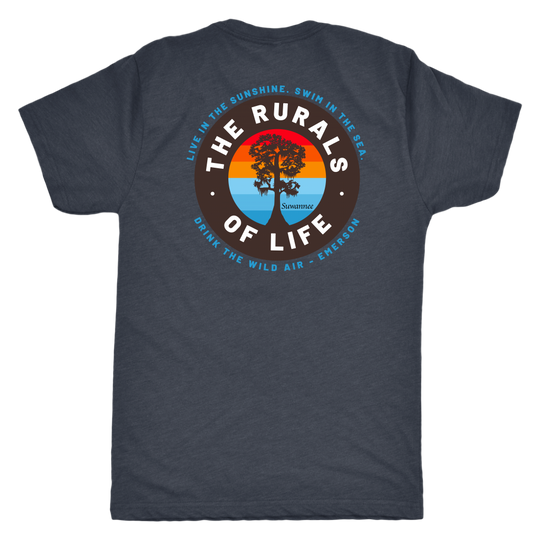 Navy Blend Mens Short Sleeve Tshirt - Rurals of Life Tee with Cypress Tree and Ralph Waldo Emerson Quote by Suwannee Brand Sportswear Apparel