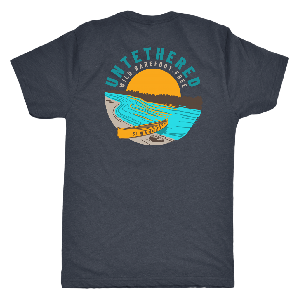 Navy Blend Mens Short Sleeve Tshirt - River and Canoe Image Logo on Back with slogan "Untethered" & "Wild. Barefoot. Free" by Suwannee Brand Sportswear Apparel
