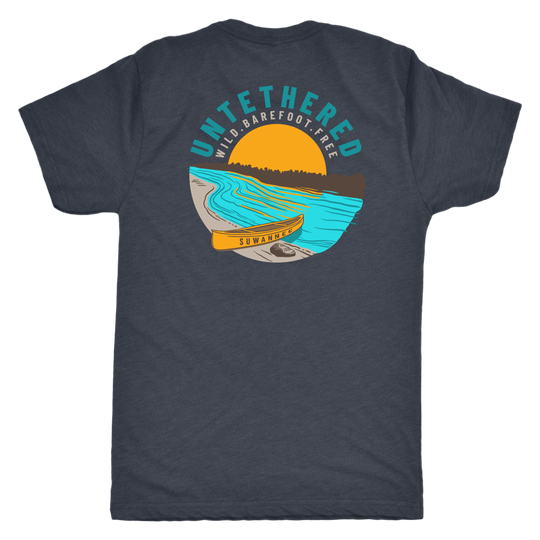 Navy Blend Mens Short Sleeve Tshirt - River and Canoe Image Logo on Back with slogan "Untethered" & "Wild. Barefoot. Free" by Suwannee Brand Sportswear Apparel