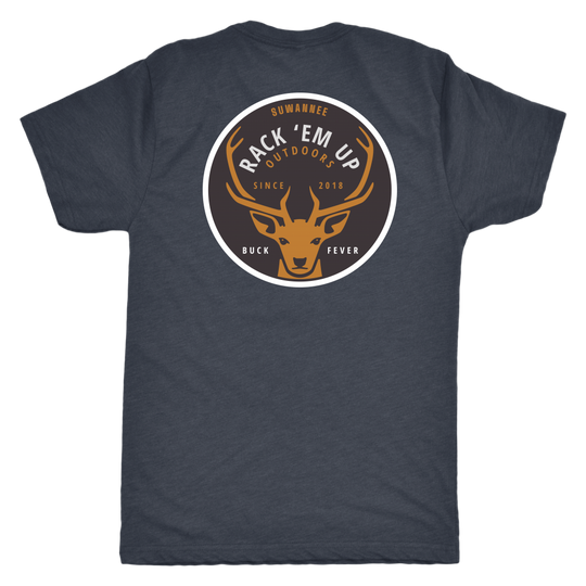 Navy Blend Mens Short Sleeve Tshirt -  Rack 'Em Up Deer Design by Suwannee Brand Sportswear Apparel