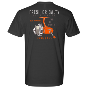 Suwannee Brand Sportswear Apparel - Mens Short Sleeve Tshirt - Fishing Reel Image Logo on Back with slogan "Fresh or Salty, Live Nauti" & "The Reel World"