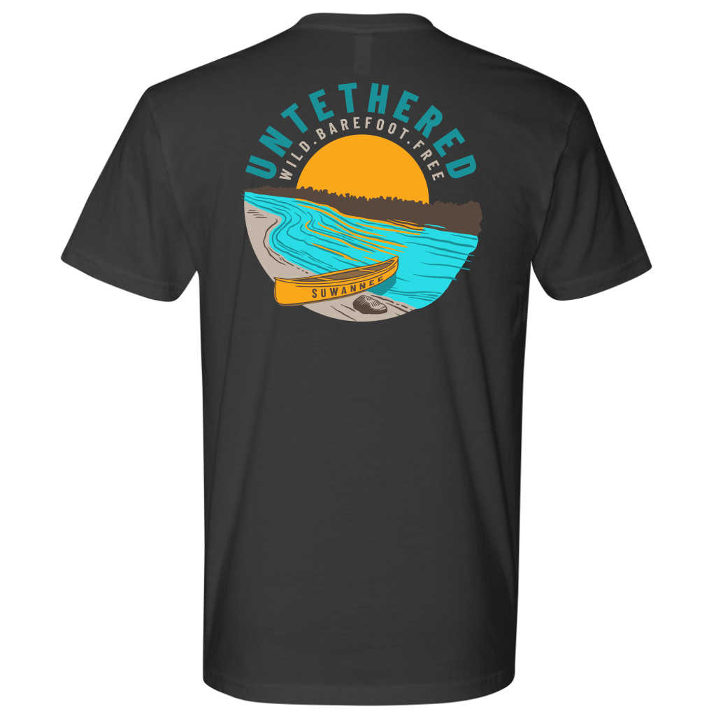 Dark Grey Mens Short Sleeve Tshirt - River and Canoe Image Logo on Back with slogan "Untethered" & "Wild. Barefoot. Free" by Suwannee Brand Sportswear Apparel