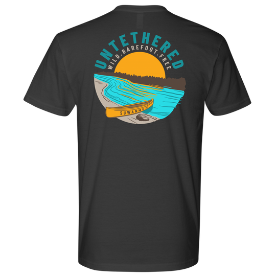Dark Grey Mens Short Sleeve Tshirt - River and Canoe Image Logo on Back with slogan "Untethered" & "Wild. Barefoot. Free" by Suwannee Brand Sportswear Apparel