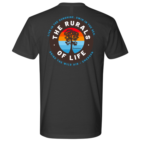 Dark Grey Mens Short Sleeve Tshirt - Rurals of Life Tee with Cypress Tree and Ralph Waldo Emerson Quote by Suwannee Brand Sportswear Apparel