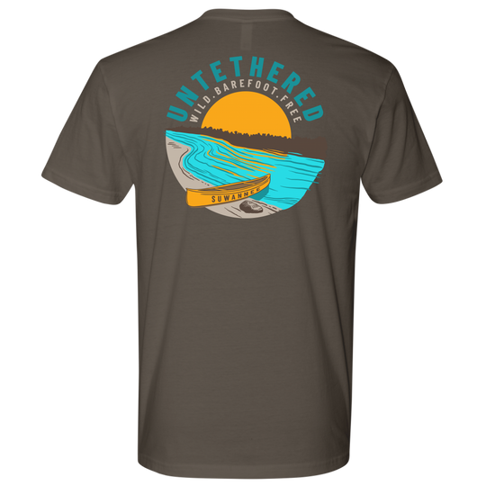 Medium Grey Mens Short Sleeve Tshirt - River and Canoe Image Logo on Back with slogan "Untethered" & "Wild. Barefoot. Free" by Suwannee Brand Sportswear Apparel