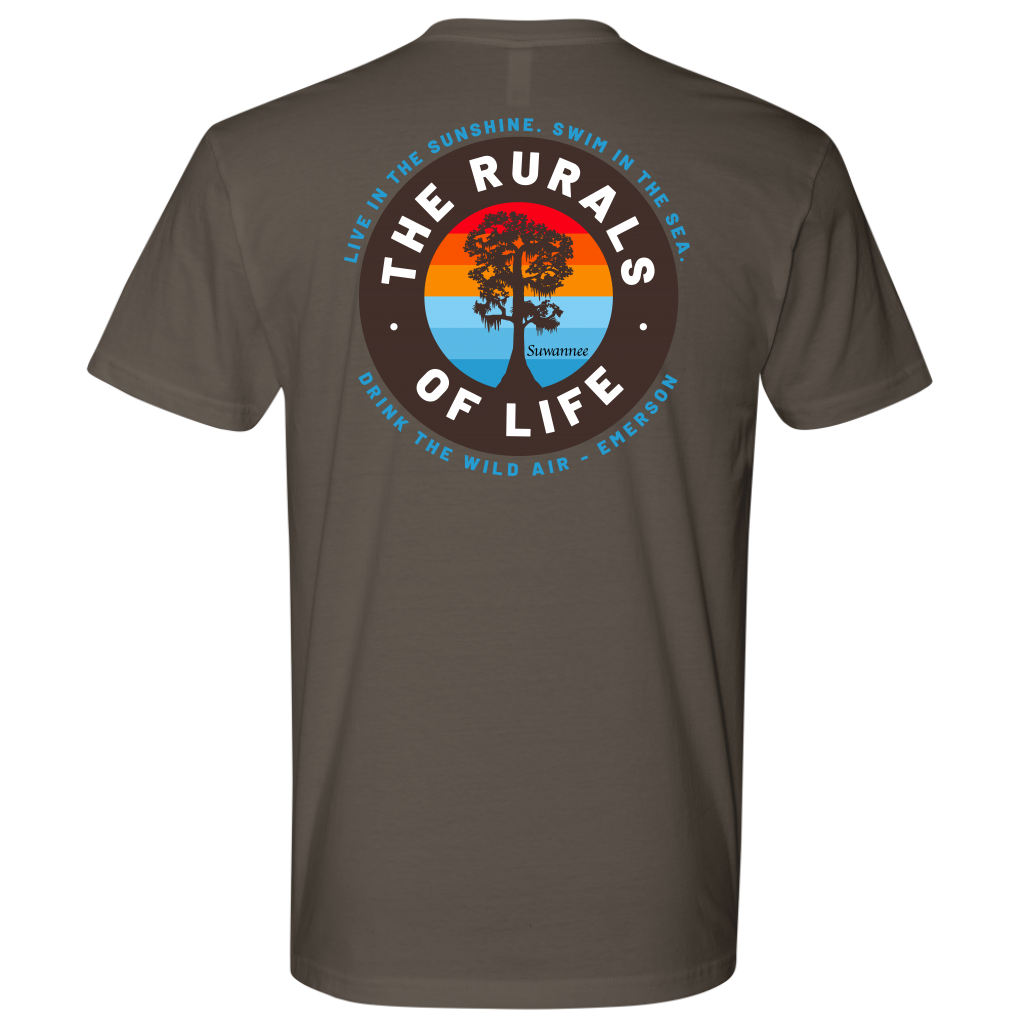 Warm Grey Mens Short Sleeve Tshirt - Rurals of Life Tee with Cypress Tree and Ralph Waldo Emerson Quote by Suwannee Brand Sportswear Apparel