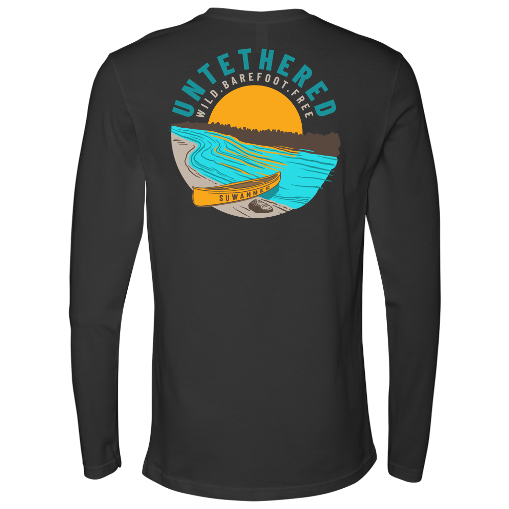 Dark Grey Mens Long Sleeve Tshirt - River and Canoe Image Logo on Back with slogan "Untethered" & "Wild. Barefoot. Free" by Suwannee Brand Sportswear Apparel