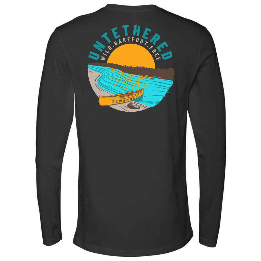Dark Grey Mens Long Sleeve Tshirt - River and Canoe Image Logo on Back with slogan "Untethered" & "Wild. Barefoot. Free" by Suwannee Brand Sportswear Apparel