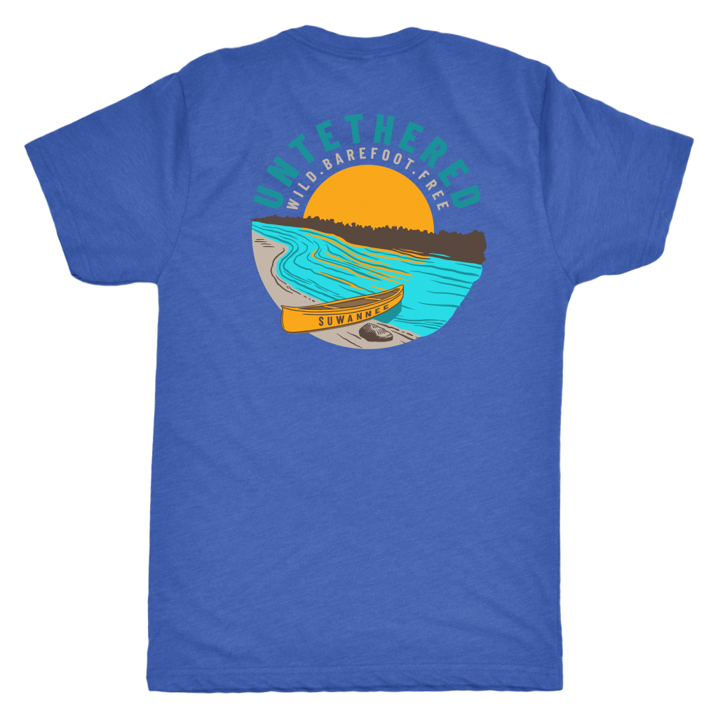 Royal Mens Short Sleeve Blend Tshirt - River and Canoe Image Logo on Back with slogan "Untethered" & "Wild. Barefoot. Free" by Suwannee Brand Sportswear Apparel
