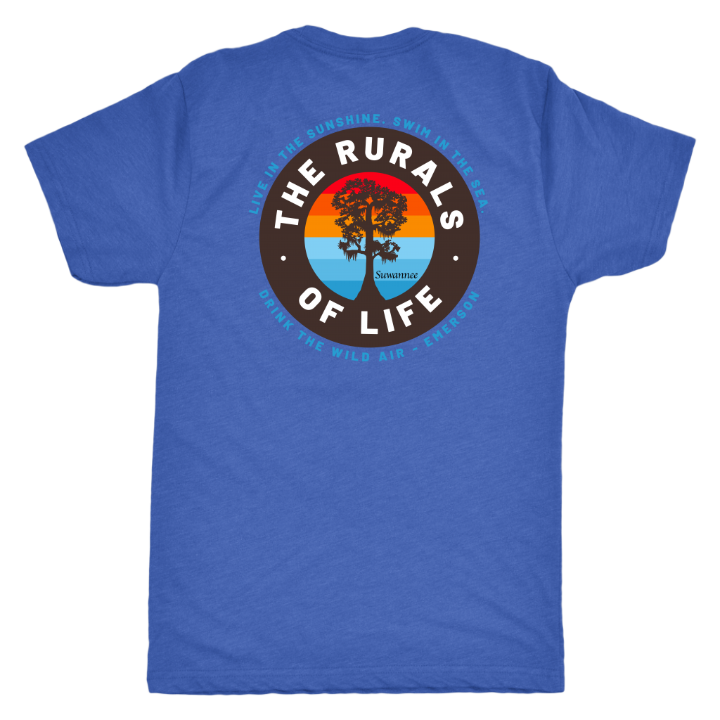 Royal Blend Mens Short Sleeve Tshirt - Rurals of Life Tee with Cypress Tree and Ralph Waldo Emerson Quote by Suwannee Brand Sportswear Apparel
