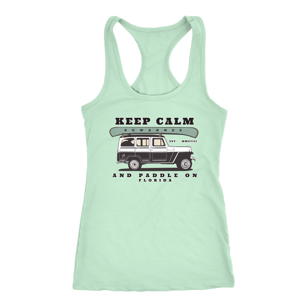 womens racerback tank top with canoe and SUV with keep calm and paddle on slogan - suwannee brand
