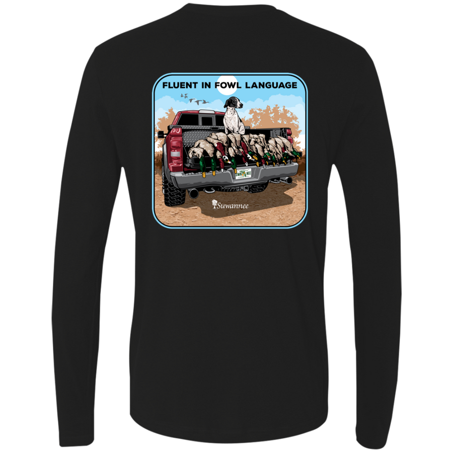Mens black long sleeve tshirt with Fluent in Fowl Language design of german short hair pointer bird Dog on truck bed with duck on tail gate by Suwannee Brand Apparel