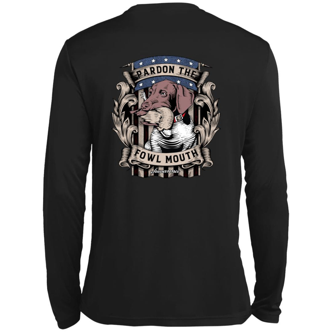 Pardon the fowl mouth design of a german shorthair pointer dog with a quail in its mouth on long sleeve performance shirt by Suwannee Brand Apparel