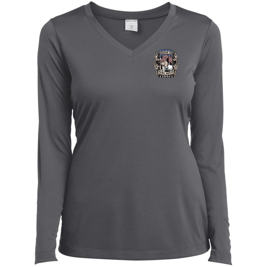 Pardon The Fowl Mouth™ Quail :: Womens LS Performance Tshirt :: Fowl Language™