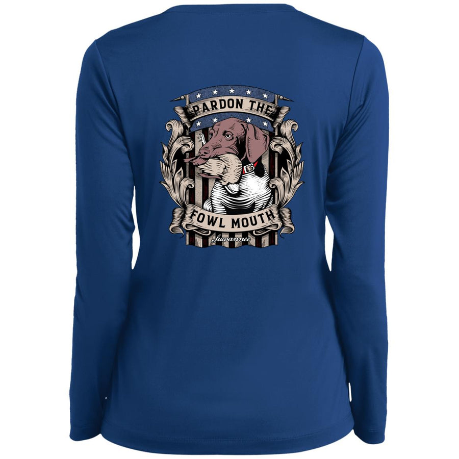 Pardon The Fowl Mouth™ Quail :: Womens LS Performance Tshirt :: Fowl Language™