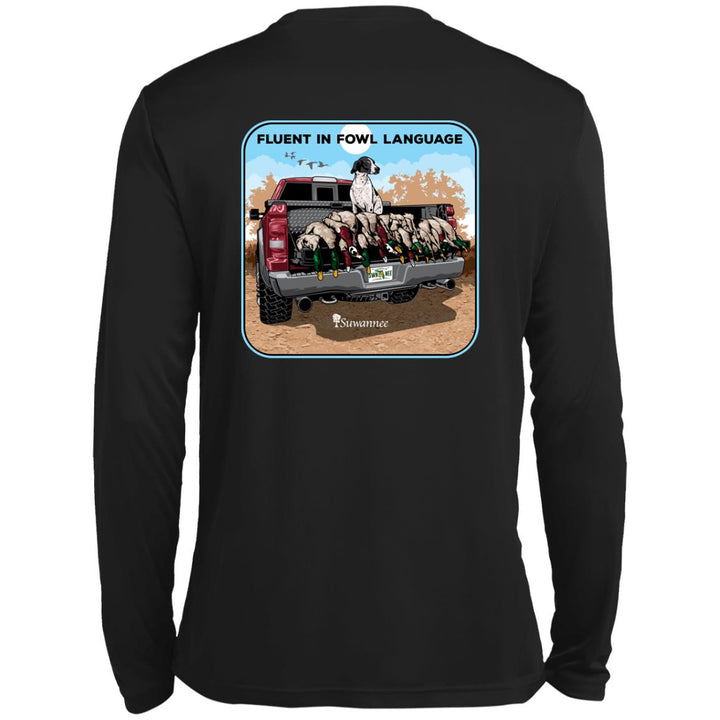 Mens long sleeve black performance tshirt with Fluent in Fowl Language design of german short hair pointer bird Dog on truck bed with duck on tail gate by Suwannee Brand Apparel