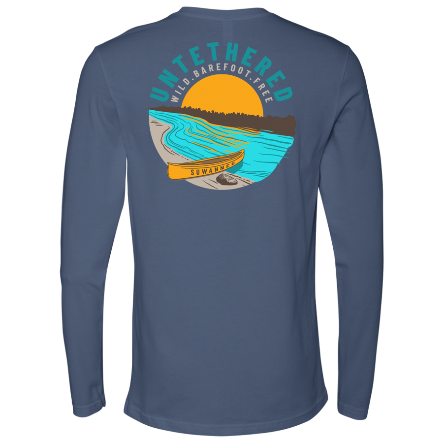 Teal Mens Long Sleeve Tshirt - River and Canoe Image Logo on Back with slogan "Untethered" & "Wild. Barefoot. Free" by Suwannee Brand Sportswear Apparel