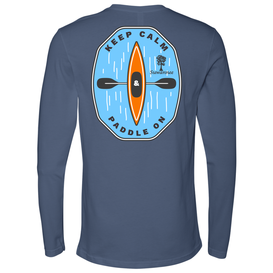 Indigo Blue Mens Long Sleeve Tshirt -  Keep Calm and Paddle On Kayak logo by Suwannee Brand Sportswear Apparel