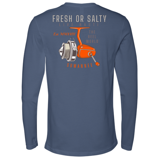 Suwannee Brand Sportswear Apparel - Mens Long Sleeve Tshirt - Fishing Reel Image Logo on Back with slogan "Fresh or Salty, Live Nauti" & "The Reel World"