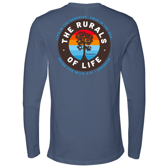 Indigo Mens Long Sleeve Tshirt - Rurals of Life Tee with Cypress Tree and Ralph Waldo Emerson Quote by Suwannee Brand Sportswear Apparel