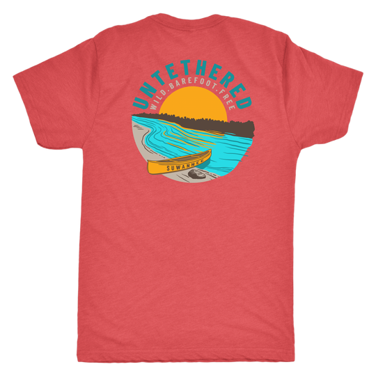 Red Blend Mens Short Sleeve Tshirt - River and Canoe Image Logo on Back with slogan "Untethered" & "Wild. Barefoot. Free" by Suwannee Brand Sportswear Apparel
